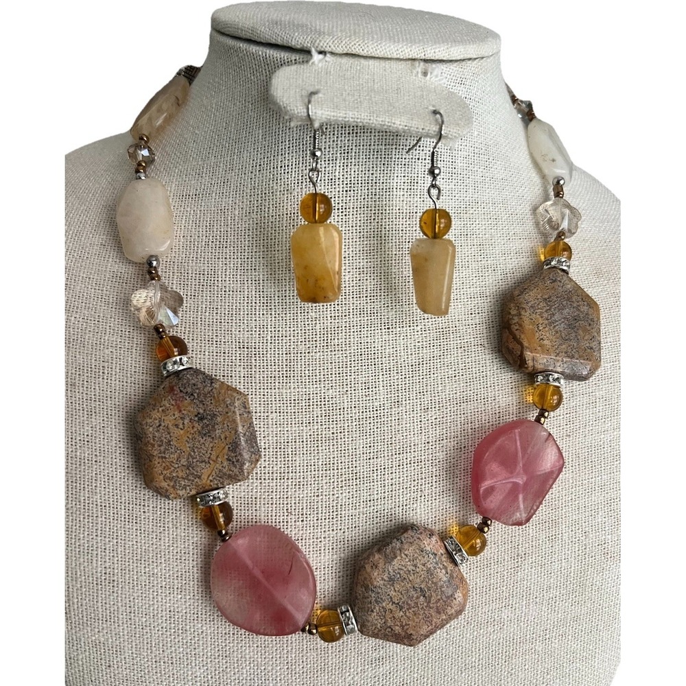 Natural Gemstone Pink Agate Jasper Quartz Necklace Earrings Set‎ 20-23"